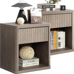 Night Stand Set of 2 Nightstands with Drawer Storage Fluted Bed Side Table End Table Large Modern Wide Bedside Stand Mid Century Night Stands for Bedr