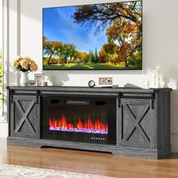 Farmhouse TV Stand with 36” Fireplace for 70/75/80 Inch TVs, 70 inch Fireplace TV Stand Entertainment Center Media Console Cabinet with Sliding Barn D