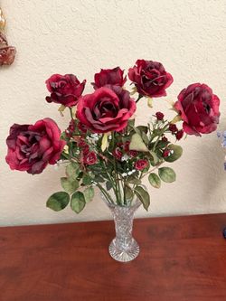 Crystal Glass Vase with Fake Red Roses