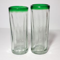 Hand Blown Glass Tumblers Green Rim