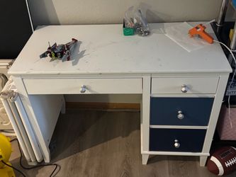 White and Navy Wood Desk with Drawers
