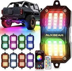 Auxbeam 8-Pod RGB LED Rock Lights w/Brake Mode 217°Dual-Side Lighting Underglow Kit w/Bluetooth APP & Remote Control Music Voice Sync Waterproof Wheel