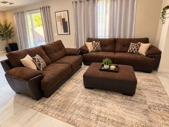 Brown Fabric & Leather Sofa Set with Ottoman