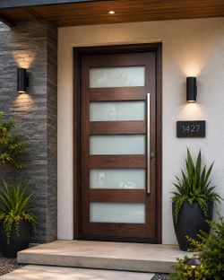Modern Solid Wood Front Entry Door – Frosted Glass – 43” x 96”