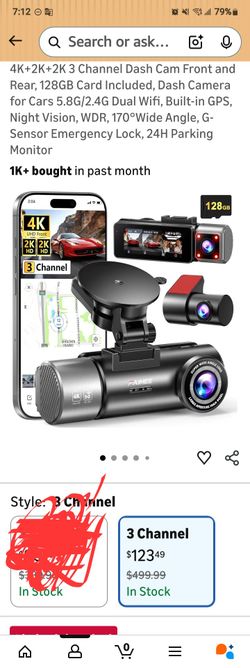 4K+2K+2K 3 Channel Dash Cam Front and Rear, 128GB Card Included, Dash Camera for Cars 5.8G/2.4G Dual Wifi, Built-in GPS, Night Vision, WDR, 170°Wide A
