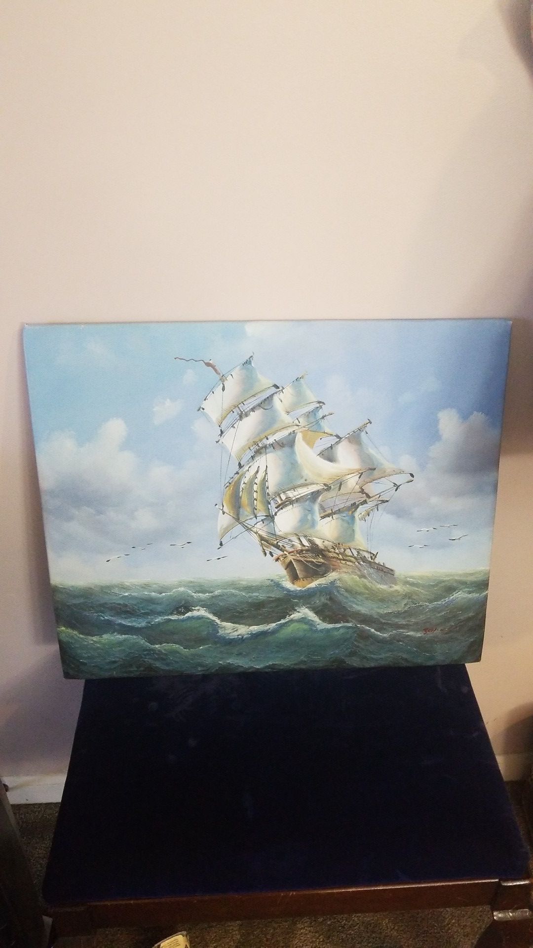 Oil ship painting on canvas 20"x23.5"