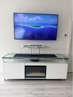 Glass top white working electric fireplace console
