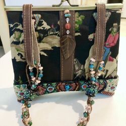 Mary Frances Western Cowboy Print Embellished Handbag Purse Beaded
