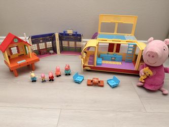 Peppa Pig Toy Lot House School Bus Figures Plush Sound Bundle