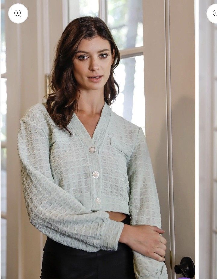 Yesterdaze Los Angeles CA Sage green Textured Pearl & Crystal Button Up Detail Crop Women Top