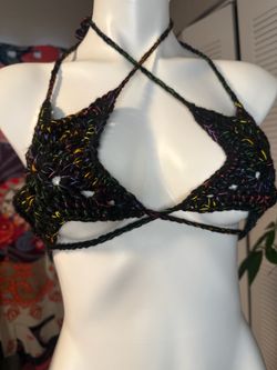 Black Star Shaped Crochet Bikini Top With Rainbow Stitching