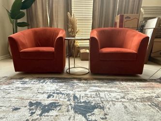 Pair of Rust Velvet Barrel Accent Chairs