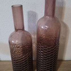 Purple Tinted Heavy  Crackled Glass And Metal  Decor Bottles
