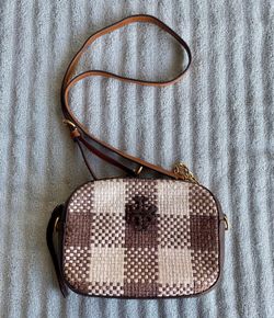 🍒 Clean & Minty ✨ Tory Burch McGraw Plaid Crossbody Camera Bag In Cold Brew Espresso Tones $145 OBO
