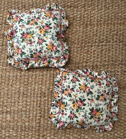 2 Vintage Ruffle Roses Accent Throw Pillows