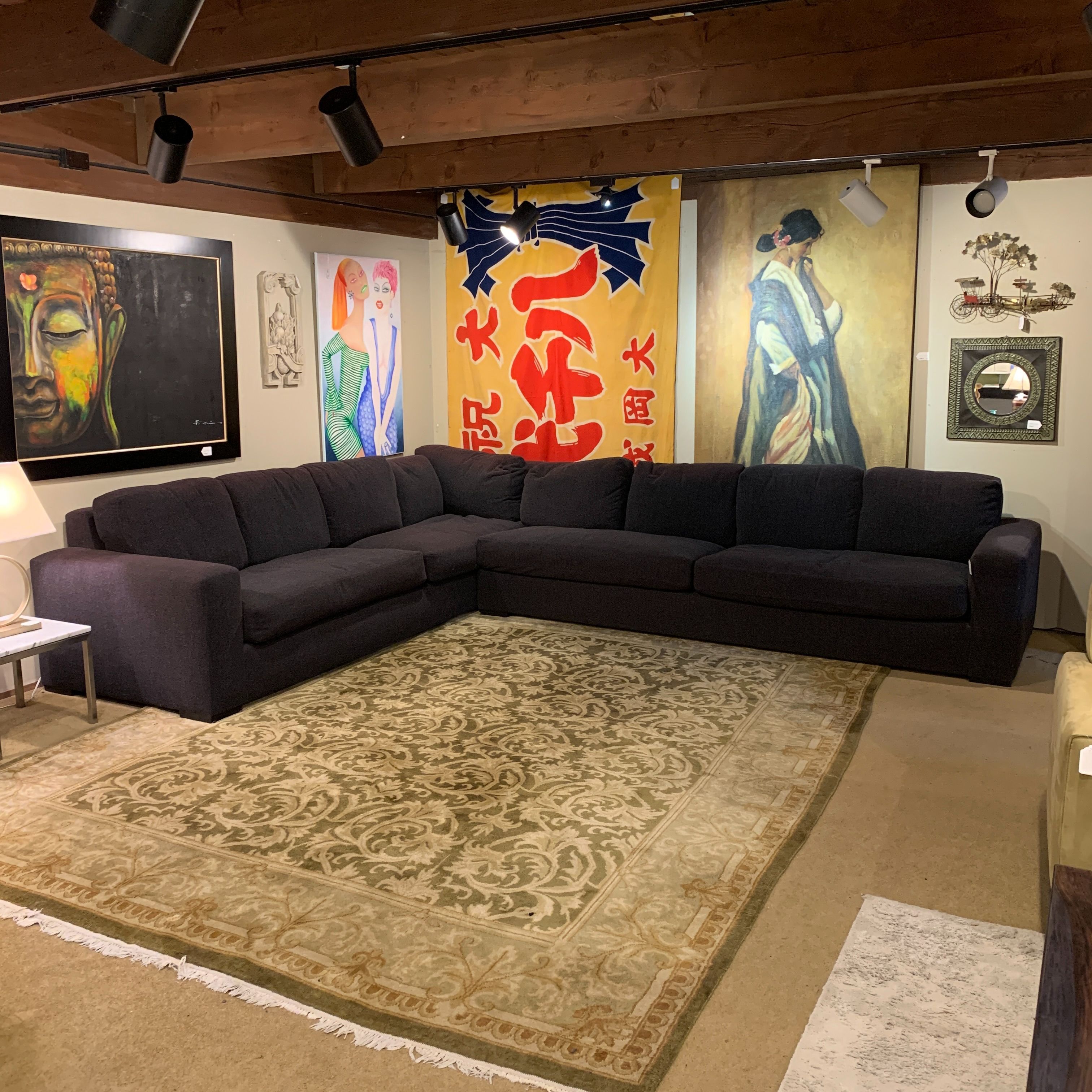 Large Dark Grey Mohair Down Filled Sectional (As Is)