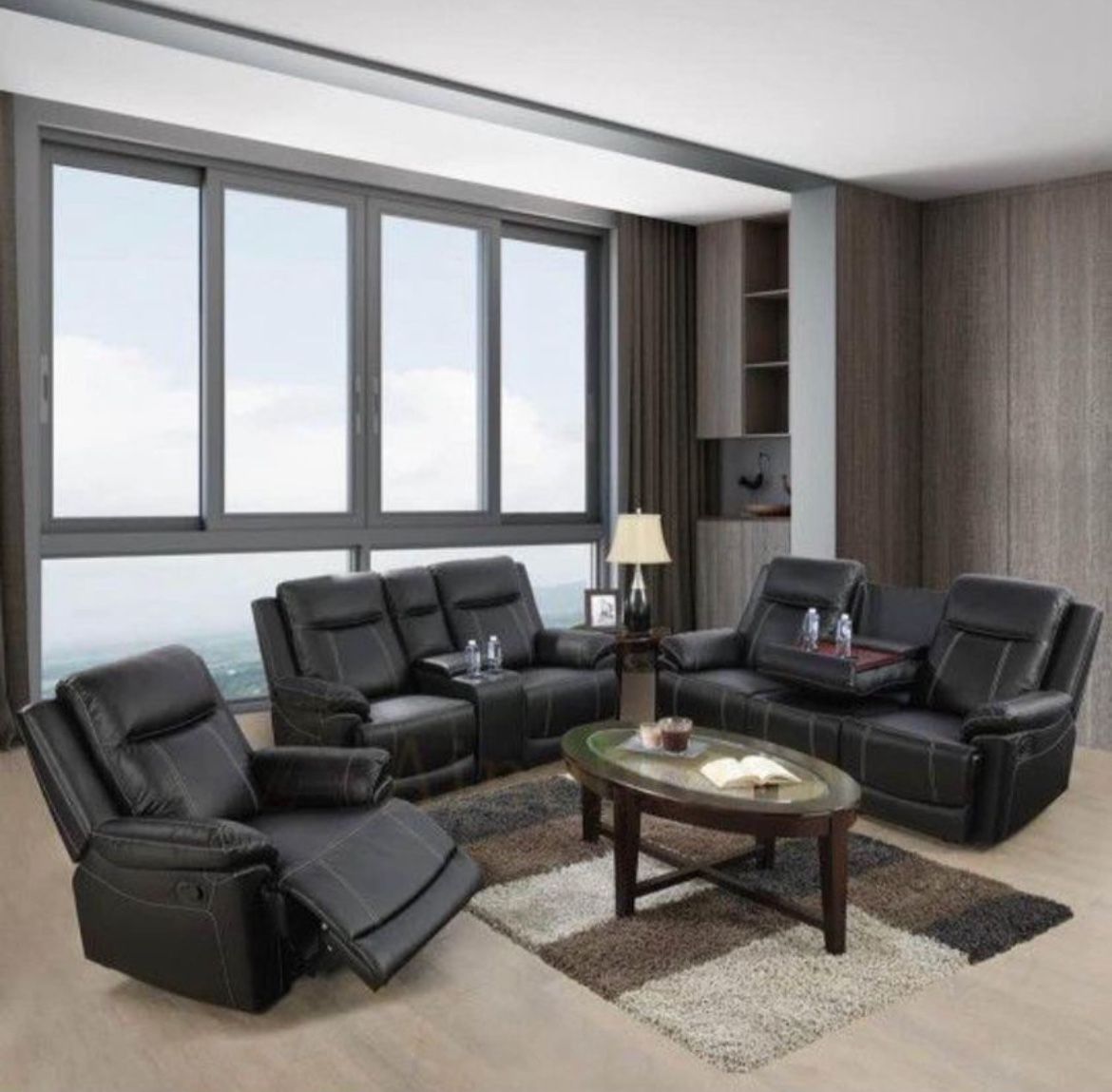 Black Leather Recliner Set Include Sofa, Loveseat And Chair Include Cup Holders 