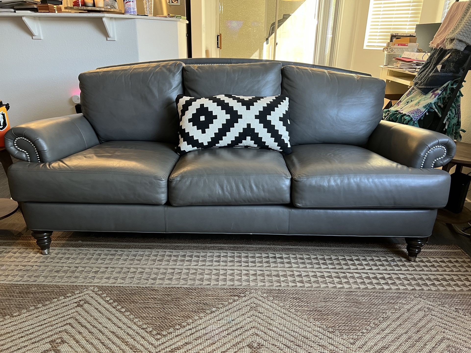 Gray Leather Couch By Ethan Allen