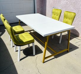 Upscale Modern 6-Piece Dining Set – White Extendable Table + 4 Olive Velvet Chairs | Gold Frame