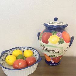 Large Hand Painted Biscotti Jar Canister Italian Fruit Kitchen Decor w Lid 