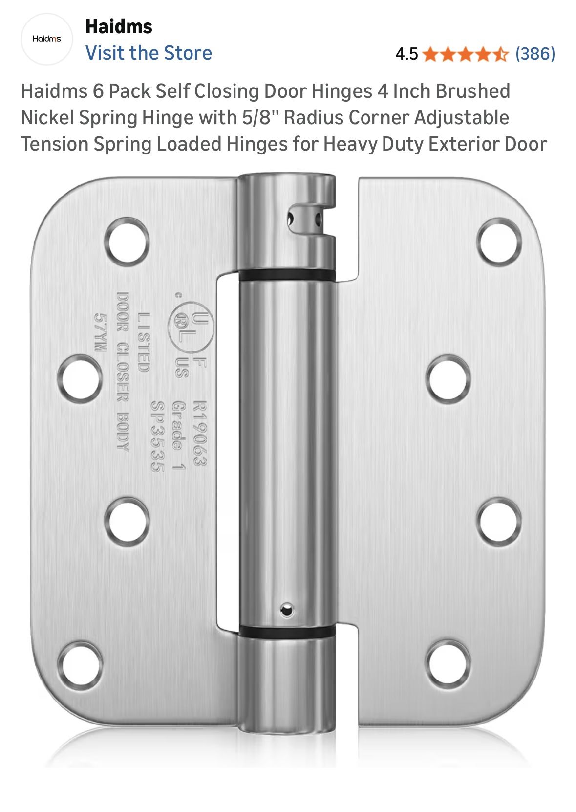 Haidms 6 Pack Self Closing Door Hinges 4 Inch Brushed Nickel Spring Hinge with 5/8'' Radius Corner Adjustable