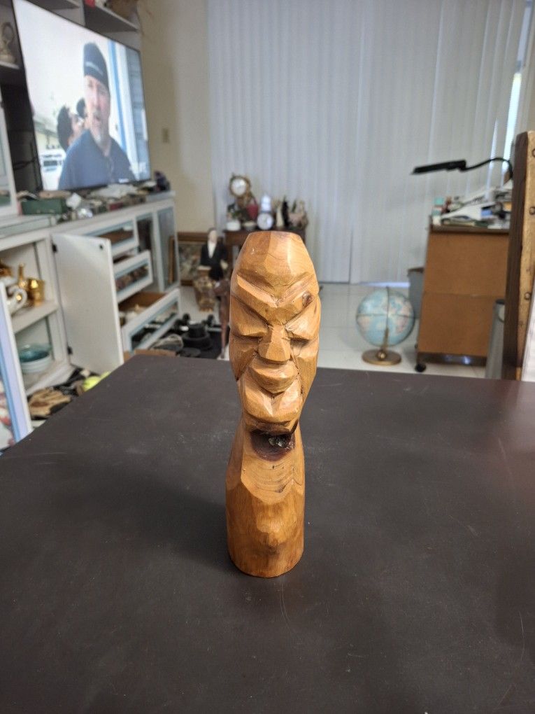 Vintage Hand Carved Solid Light Hardwood Bust Sculpture- Long Neck Folk Art Primitive Figurine 9.5" Tall