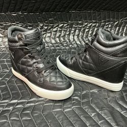 Guess Womens Size 6.5 M Black Leather Laces Wedge Ankle Fashion Boots Bootie