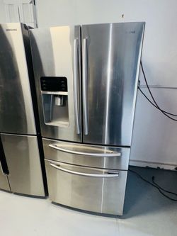 Samsung stainless steel refrigerator (36" x 69" x 29") with a receipt for a 90-day warranty.