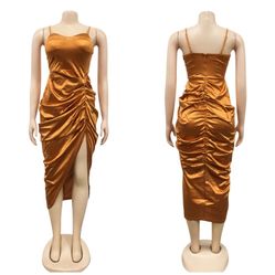 Ruched Midi Dress New Size S. Satin Fabric. 