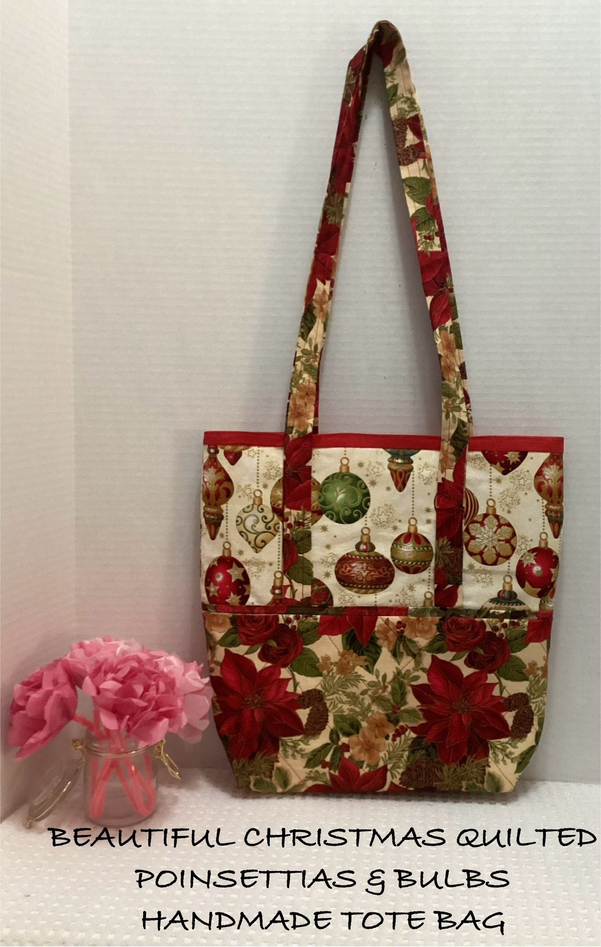 BEAUTIFUL CHRISTMAS TREE BULBS & POINSETTIAS QUILTED HANDMADE TOTE BAG