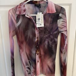 NWT Boho Pleated Sheer Desigual Button Down Blouse with Floral or Abstract Design - XS