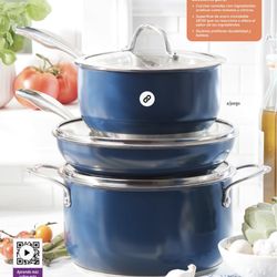 Set Azul De 3 Piezas  Sartén  De 10” , Olla De 3 Qt  Y Caldero De 9 Qt       👉 princess house todo nuevo y con caja 📦