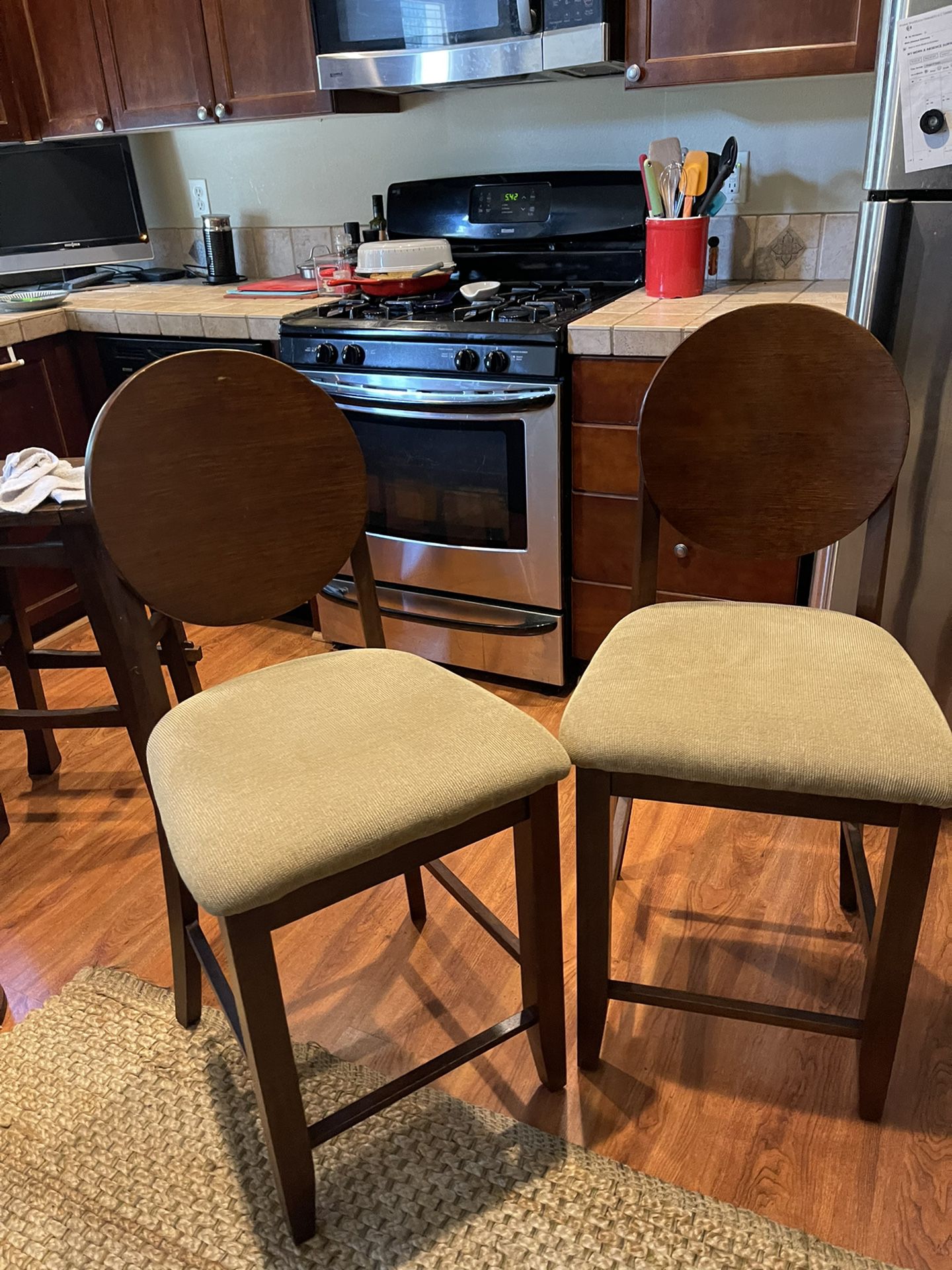 2 Wood Backed High Chairs For Bar Or Counter 