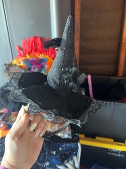 Black Witch Hat Headband with Lace and Feathers