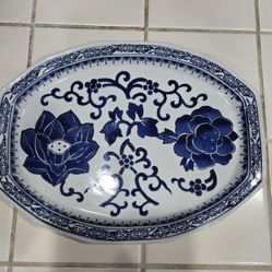 lotus and chrysanthemum blue porcelain platter.  10" x 13"