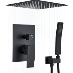 Shower Faucet Set Matte Black Shower System,RomceBath Shower Pressured Balance Brass Valve and Trim Kit 10 Inch Shower Head and Bath Handle Combo set 