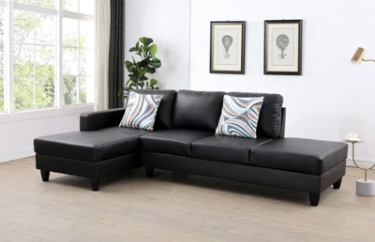 Modern Style Black Leather Sectional Couch And Ottoman