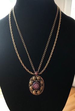 Vintage Signed โCelebrity NYโ - 1970s Boho Moraccan Jewelry Set (Necklace & Earrings). Double Chain, Glass Bead Center