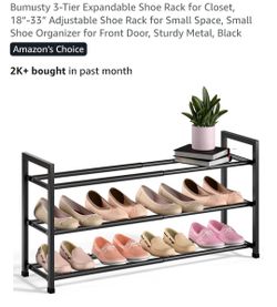 3-Tier Expandable Shoe Rack for Closet, 18"-33" Adjustable Shoe Rack for Small Space, Small Shoe Organizer for Front Door, Sturdy Metal, Black
