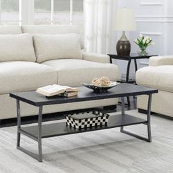 Brand New in Box Black Woodgrain Wooden Coffee Table with Gray Metal Frame