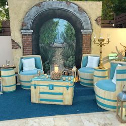 Vintage Wine Barrels Furniture Chair Set w Treasure Chest Coffee Table 