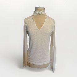 Guess Women's V-Neck Bell Sleeve Blouse White Gold Ring Detail M