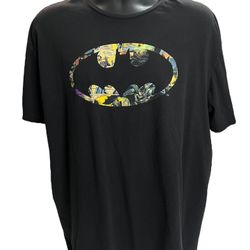 Batman Logo T-Shirt with Comic Book Panel Art Joker Print  - Size 2XL Black Tee