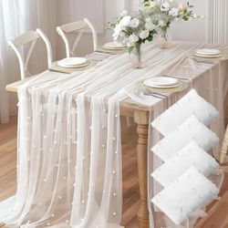 4 Pearl beaded white tulle table runners - 32*79 inches each