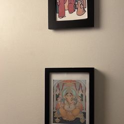 Spiritual Duo. 1970 Pentecost Image. 1980s Ganesha  Art Work. Both Framed. Black Wood. 