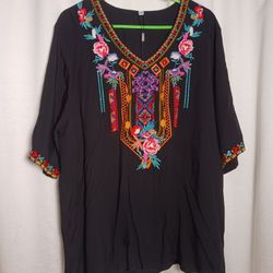 Large Women's Rayon 3/4 Sleeve V Neck Floral Embroidered Bohemian Top Black 