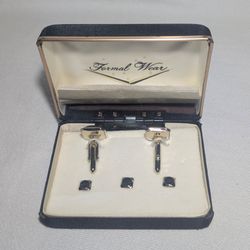 Vintage Swank Formal Wear Cufflinks And Tuxedo Studs Set Gold Black