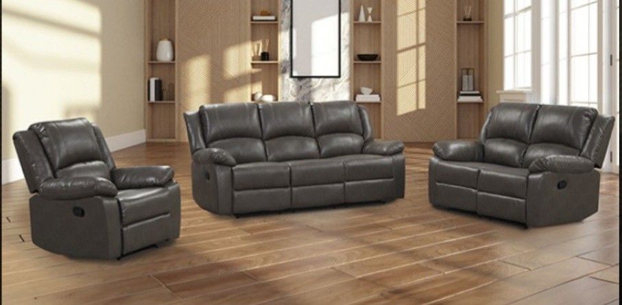 Brand New Grey Leather 3pc Reclining Sofa Set
