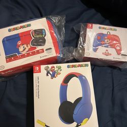 Nintendo Switch Super Mario Controller Headset Case Bundle 