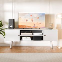 TV Stand for 48''-55''TV, Mid Century Modern TV Console, Entertainment Center with 2 Storage Cabinets, Adjustable Shelf and Power Outlets for Living R